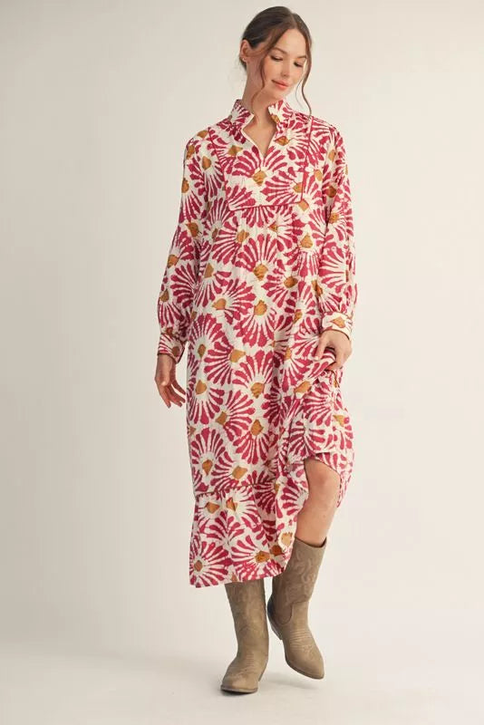 Magenta Boho Print Midi Dress