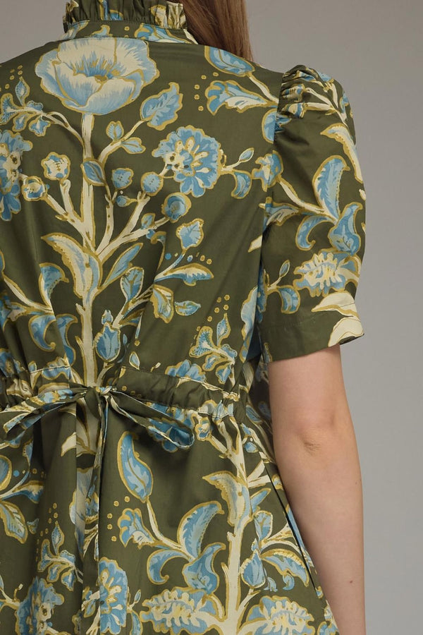 Olive Floral print Mini Dress Featuring Self-Tie Waist at Back