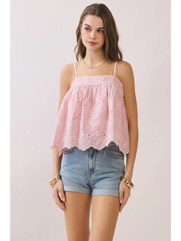 Pink Lace Babydoll Cami Top with Scalloped Hem