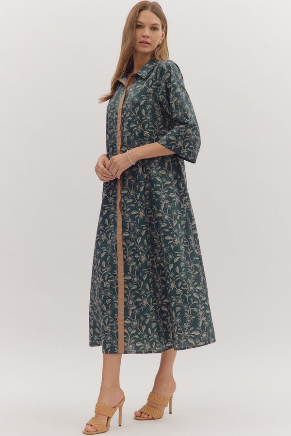 DK Navy Floral Print 3/4 Sleeve Midi Dress