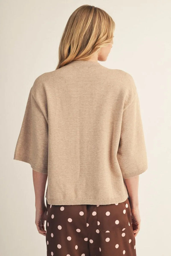 Oatmeal Drop Shoulder 3/4 Sleeves Button Down Cardigan