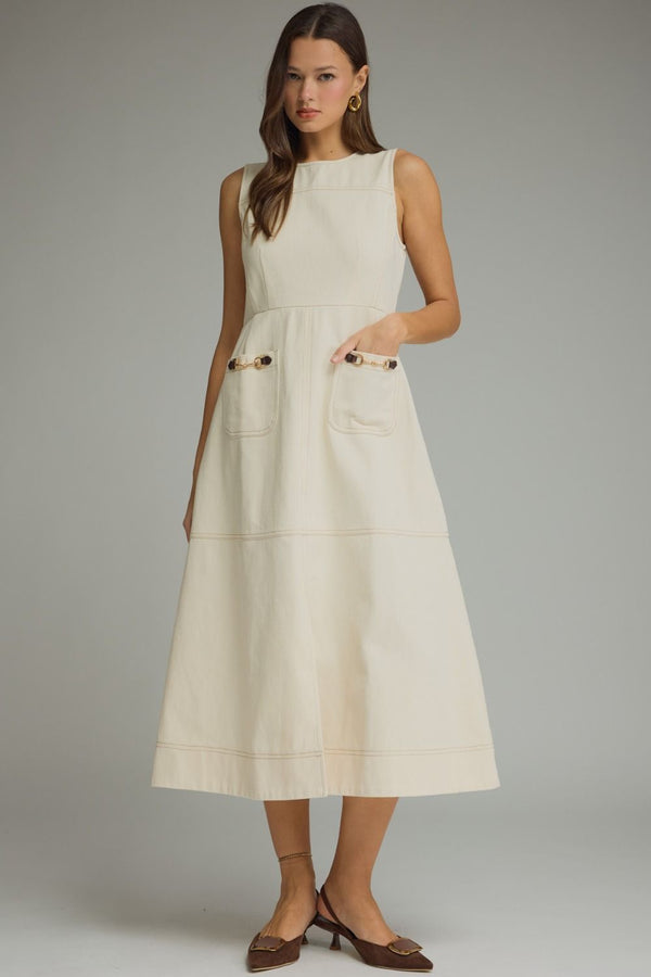 Ecru Sleeveless Midi Dress w Horsebit Accent Detail