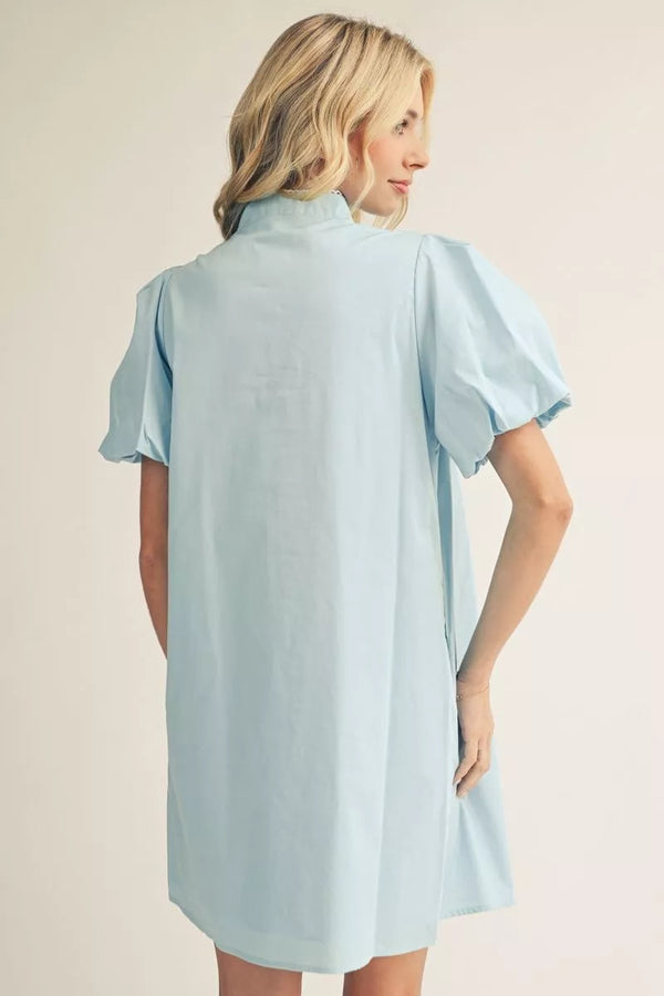 Short Aqua Puff Sleeves Shift Dress w Baroque Floral Applique