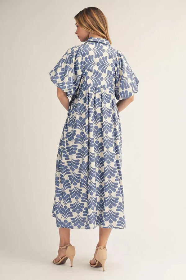 Short Puff Sleeves Denim Boho Floral Midi Dress w Smocked Chest