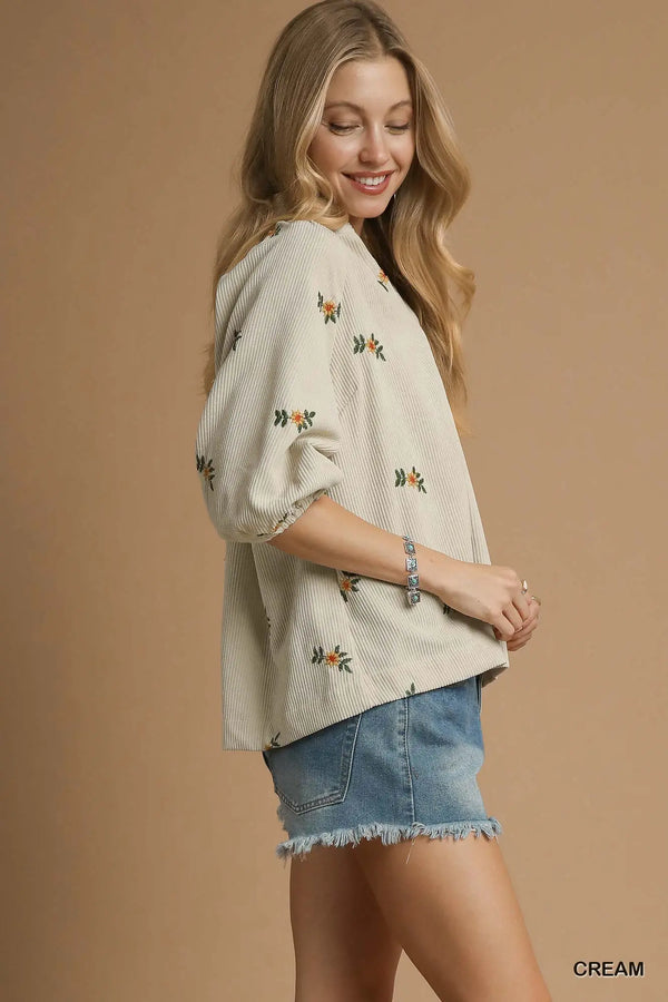 Corduroy Floral Embroidered Blouse