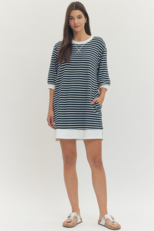 Navy Striped 3/4 Sleeve Mini Dress
