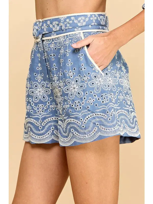 Embroidered Blue Eyelet Short with Belt