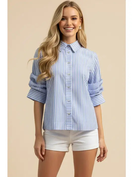 Ruched Light Blue Sleeve Striped Button Down Shirt