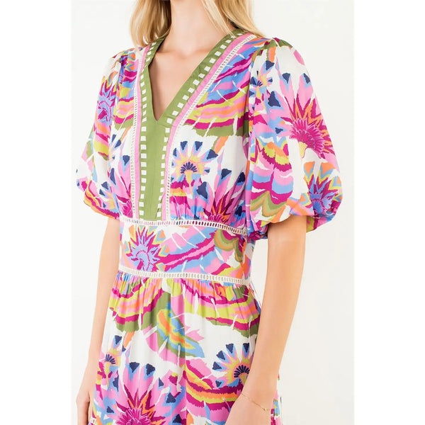 Puff Sleeve Multicolor Pattern Tiered Dress