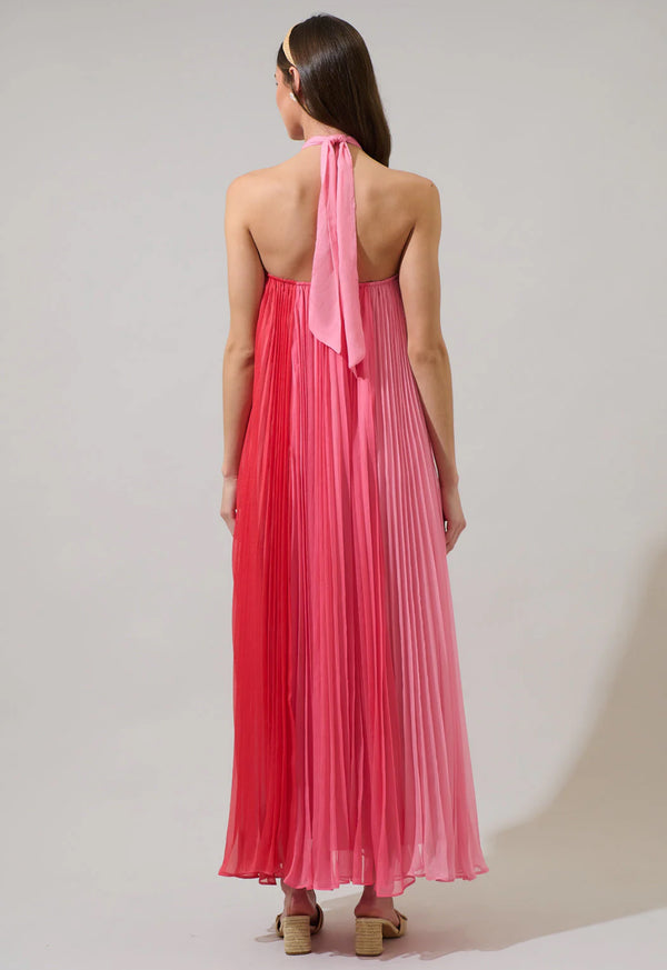 Galena Halter Pink Pleated Maxi Dress