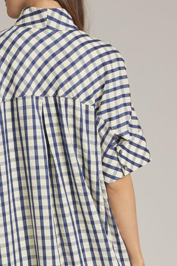 Navy Gingham Short Sleeve Midi Dress Featuring Shirt Collar
