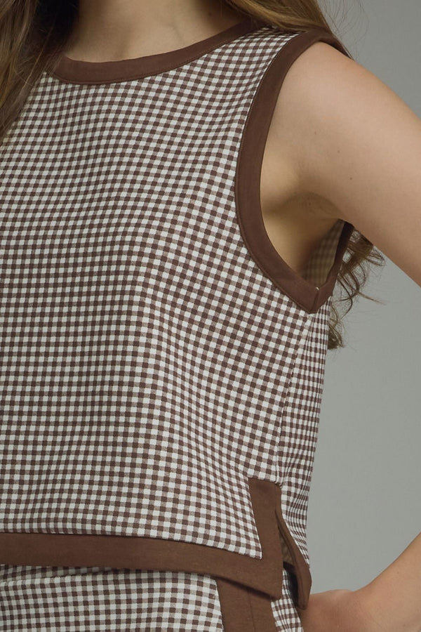 Brown Gingham Sleeveless Top Featuring Contrast Binding Detail
