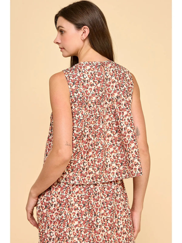 Floral Print Pleated Detail Flowy Design Top Burgundy