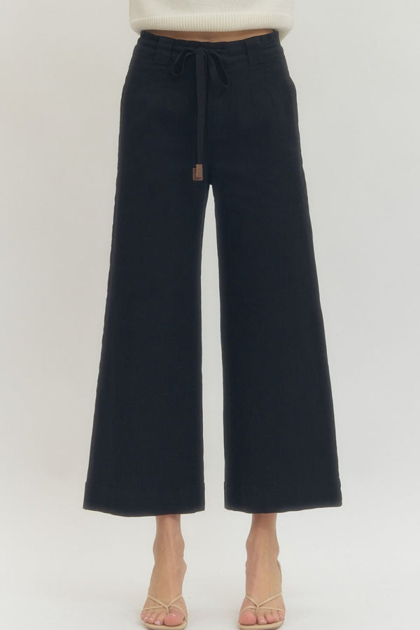 Solid Black Wide Leg Pants w Drawstring