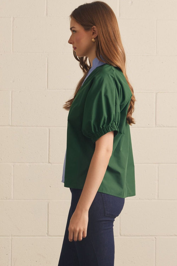 Green Puff Sleeve Top w Contrast Collar and Front Trim