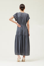 SLATE RUFFLE SATIN MIDI DRESS