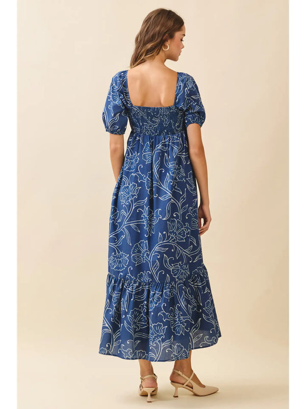 Floral Print Smocked Bodice Square Neck Maxi Dress Navy