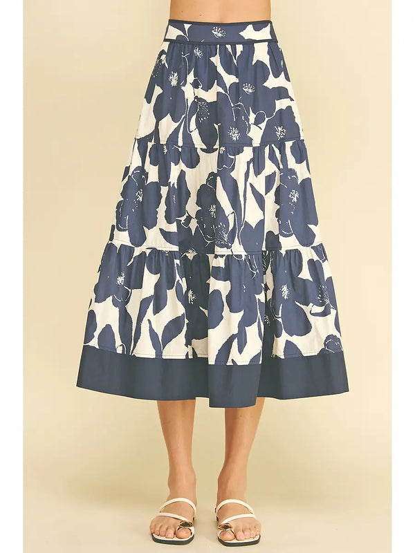 Navy Floral Tiered Midi Skirt