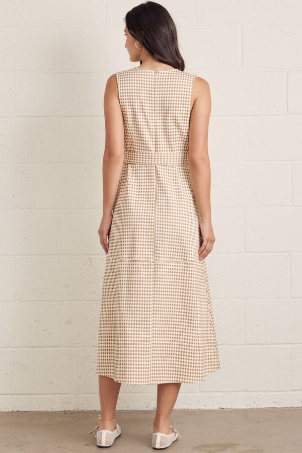 Tan Gingham Midi Dress w Self-Tie Waist Detail