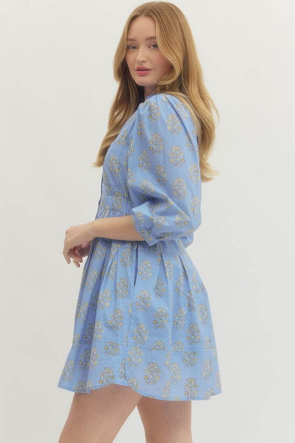 Blue Floral Print Mini Dress Featuring Band Collar