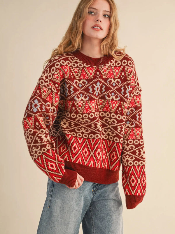 Burgundy Fair Isle Sweater Pullover