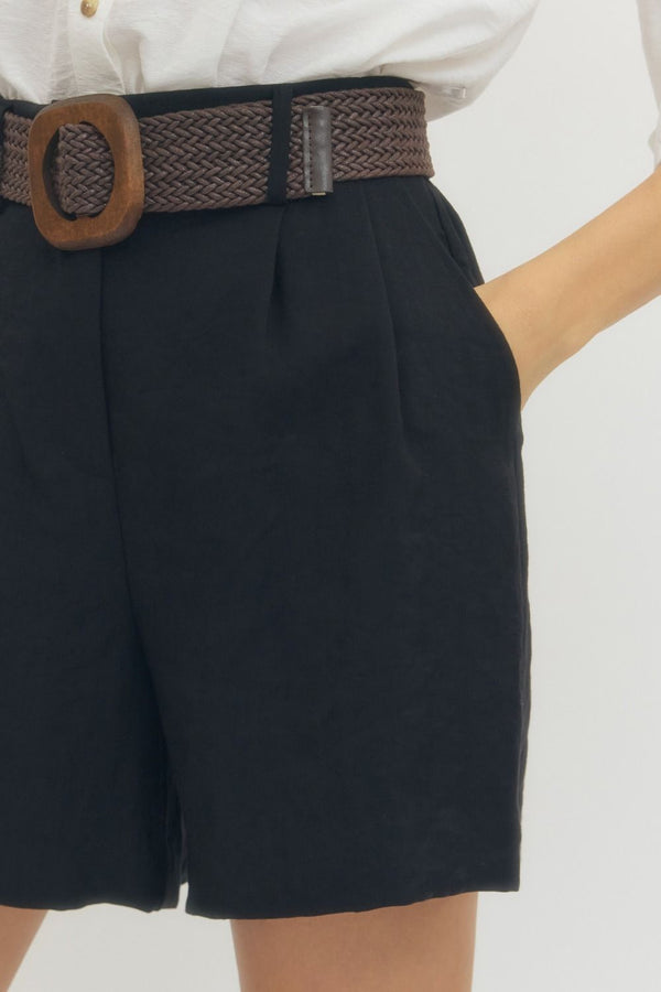Solid Black Front Shorts w Belt