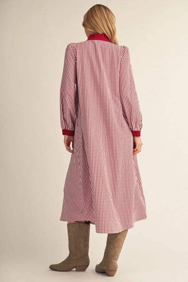 Red Gingham Check Long Sleeves Button Down Midi Dress