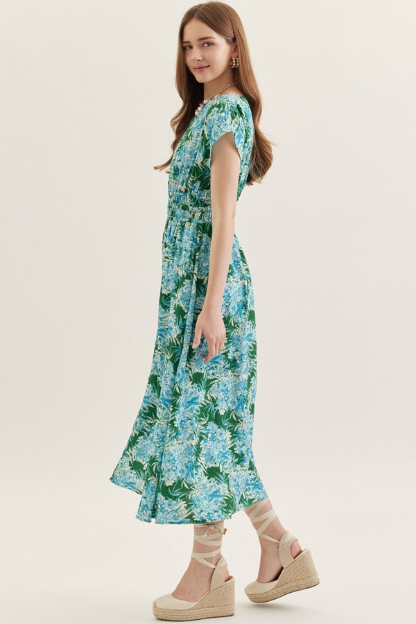 Botanical Green & Blue Print Cap Sleeve Midi Dress