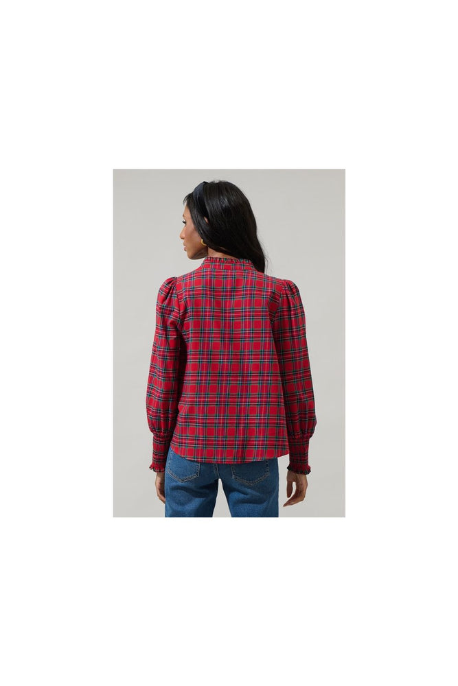 Chapman Plaid Split Neck Top Red