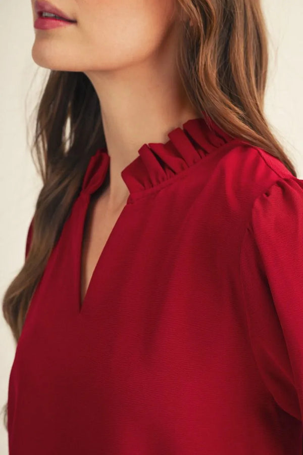 Burgundy 3/4 Sleeves Crinkled Top w Ruffled Neckline