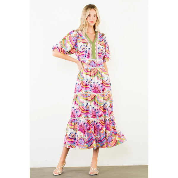 Puff Sleeve Multicolor Pattern Tiered Dress