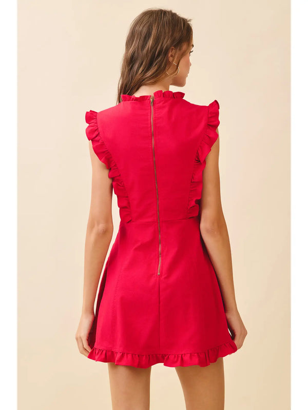 Fit and Flare Ruffled Notched Neck Mini Dress Red