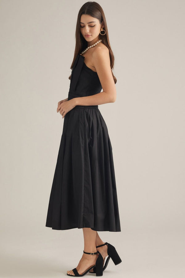 Solid Black Strapless Midi Dress featuring Pleated Bodice