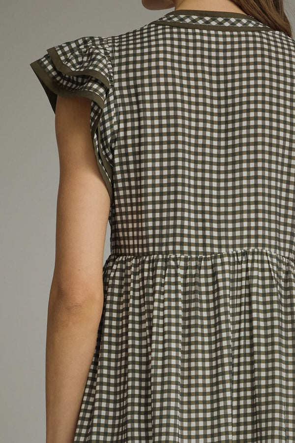 Olive Gingham Ruffle Cap Sleeve Midi Dress