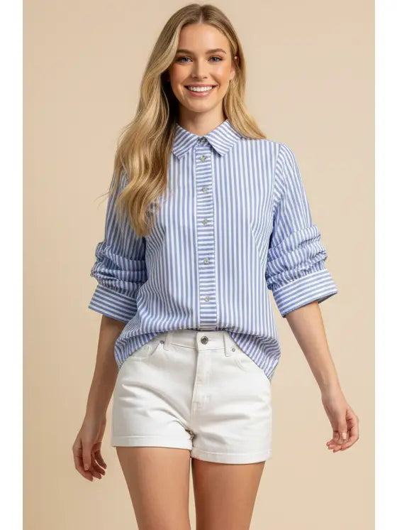 Ruched Light Blue Sleeve Striped Button Down Shirt