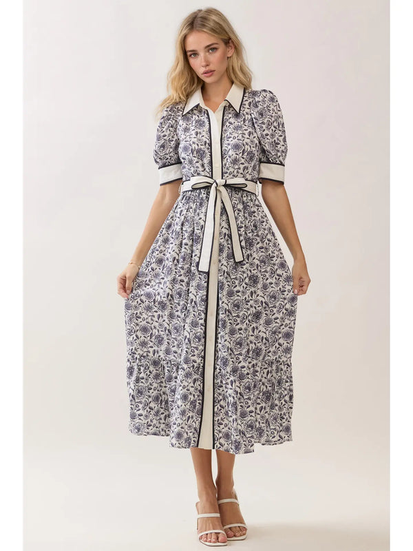 Print Contrast Trim Detail Button Down Dress