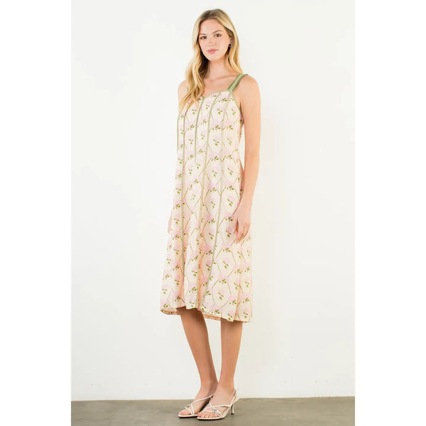 Cream Thin Strap Floral Pattern Dress