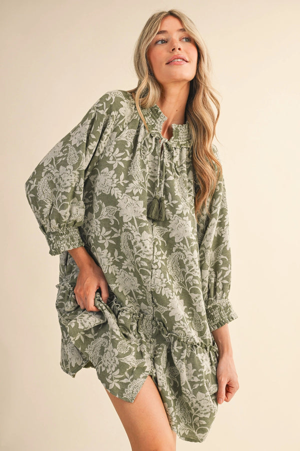 Olive Floral Jacquard Smocked Mini Dress