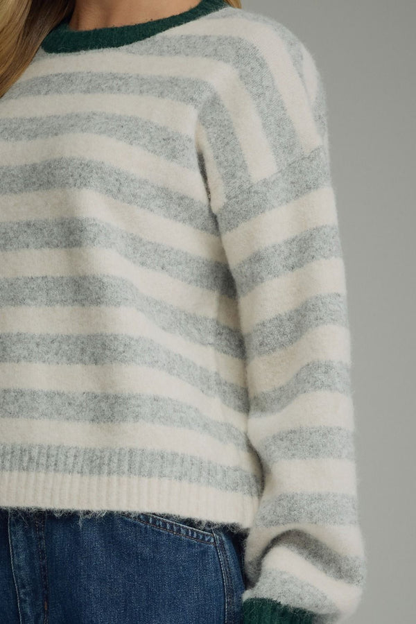 Grey Stripe Long Sleeve Sweater w Contrast Ribbed Trim Neck