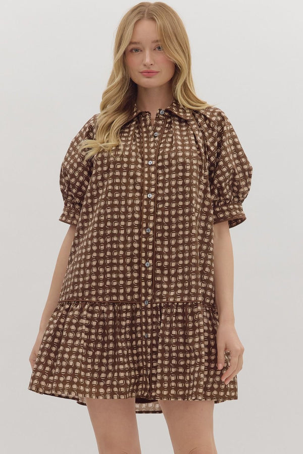 Brown Geometric Print Puff Sleeve Mini Dress