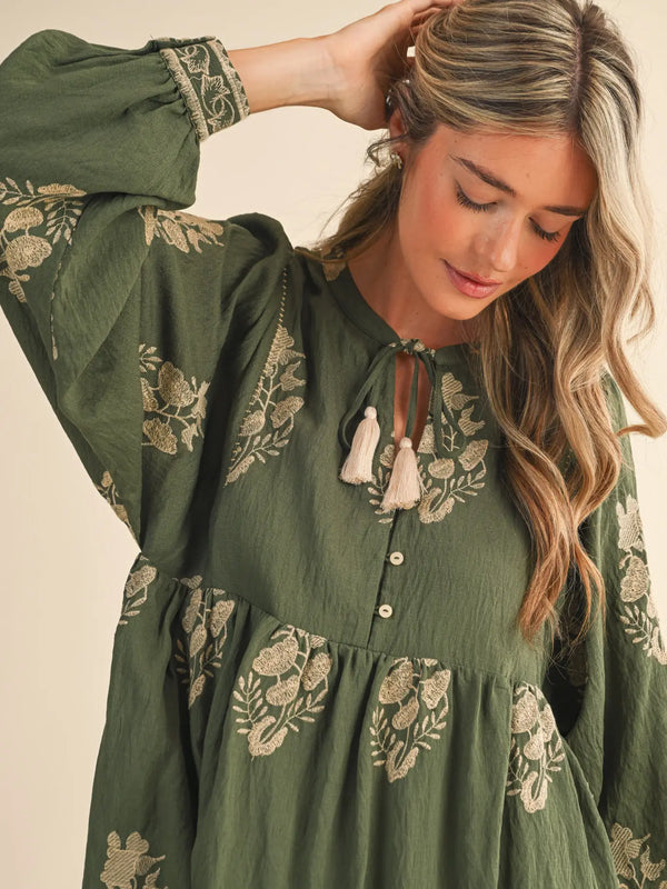 Olive Embroidered Long Puff Sleeve Mini Dress