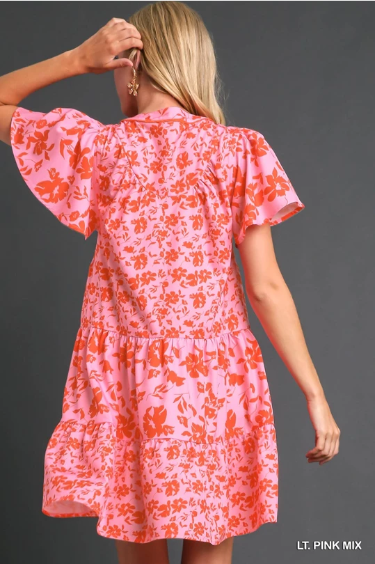 Flutter Print Piping Pink Mix Dress