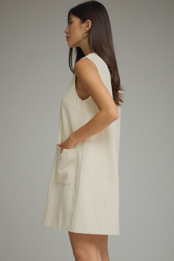 Ecru Mini Dress Featuring Front Pockets With Metal Accent