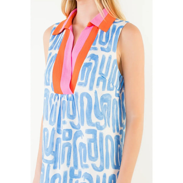 Light Blue Sleeveless Abstract Pattern V-Neck Dress