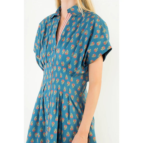 Blue Flower Pattern Short Dress