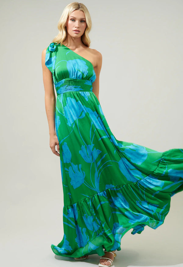 Seamoss Blue Floral Bayou One Shoulder Maxi Dress