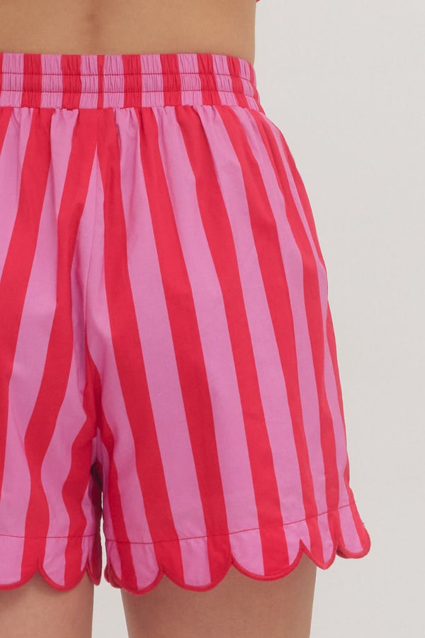 Striped Red & Pink Striped Elastic Waist Shorts w Scallop Hem