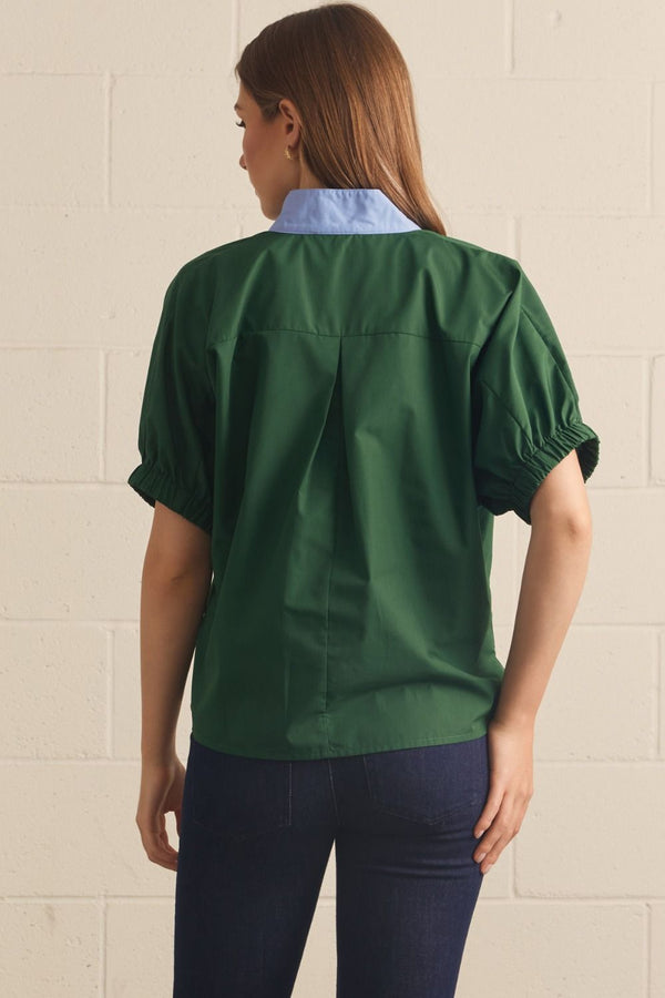 Green Puff Sleeve Top w Contrast Collar and Front Trim