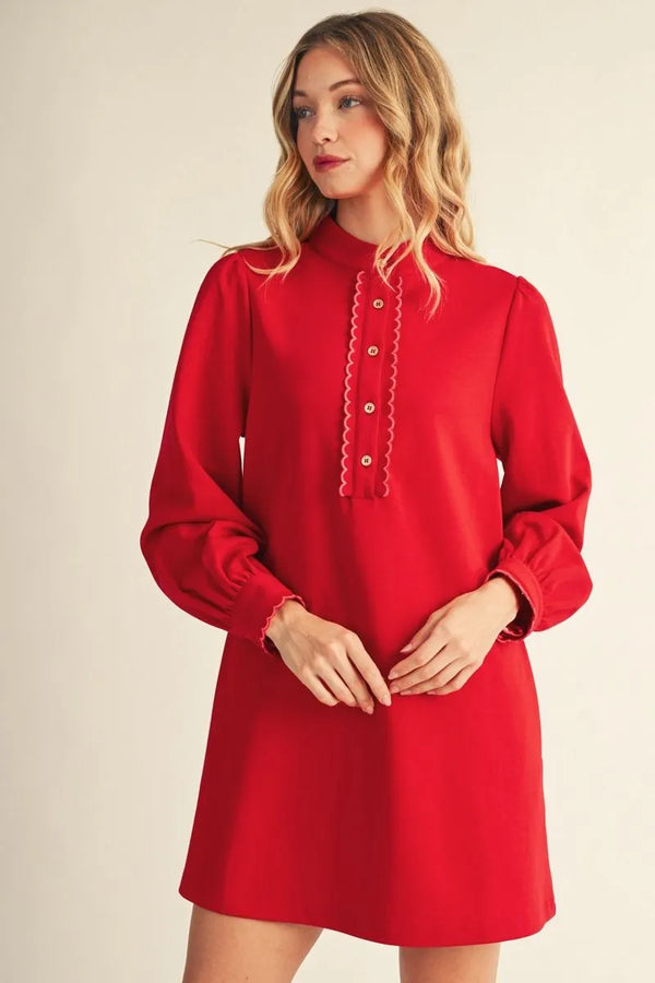 Red Long Sleeves Lovely Solid Dress w Edge Accent