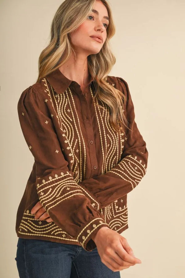 Suede Chocolate Brown Embroidered Top